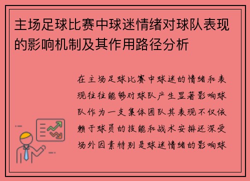 主场足球比赛中球迷情绪对球队表现的影响机制及其作用路径分析