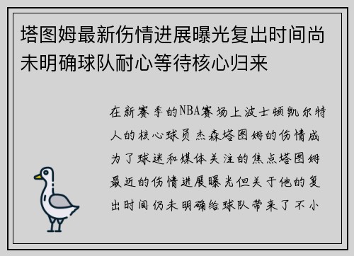 塔图姆最新伤情进展曝光复出时间尚未明确球队耐心等待核心归来